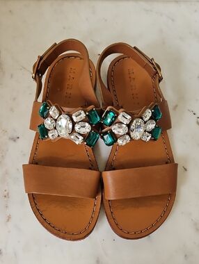 MARNI: Tan Leather Sandals with Oversize Statement Floral Gem Jewels